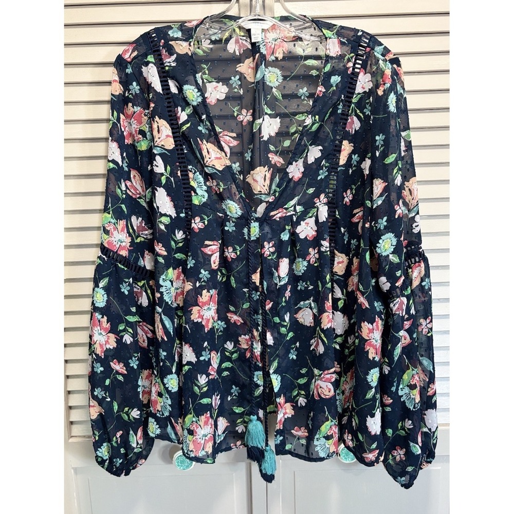 Time‎ And Tru Blue/Multi Floral Chiffon Long Sleeve Tie Front Blouse Size L